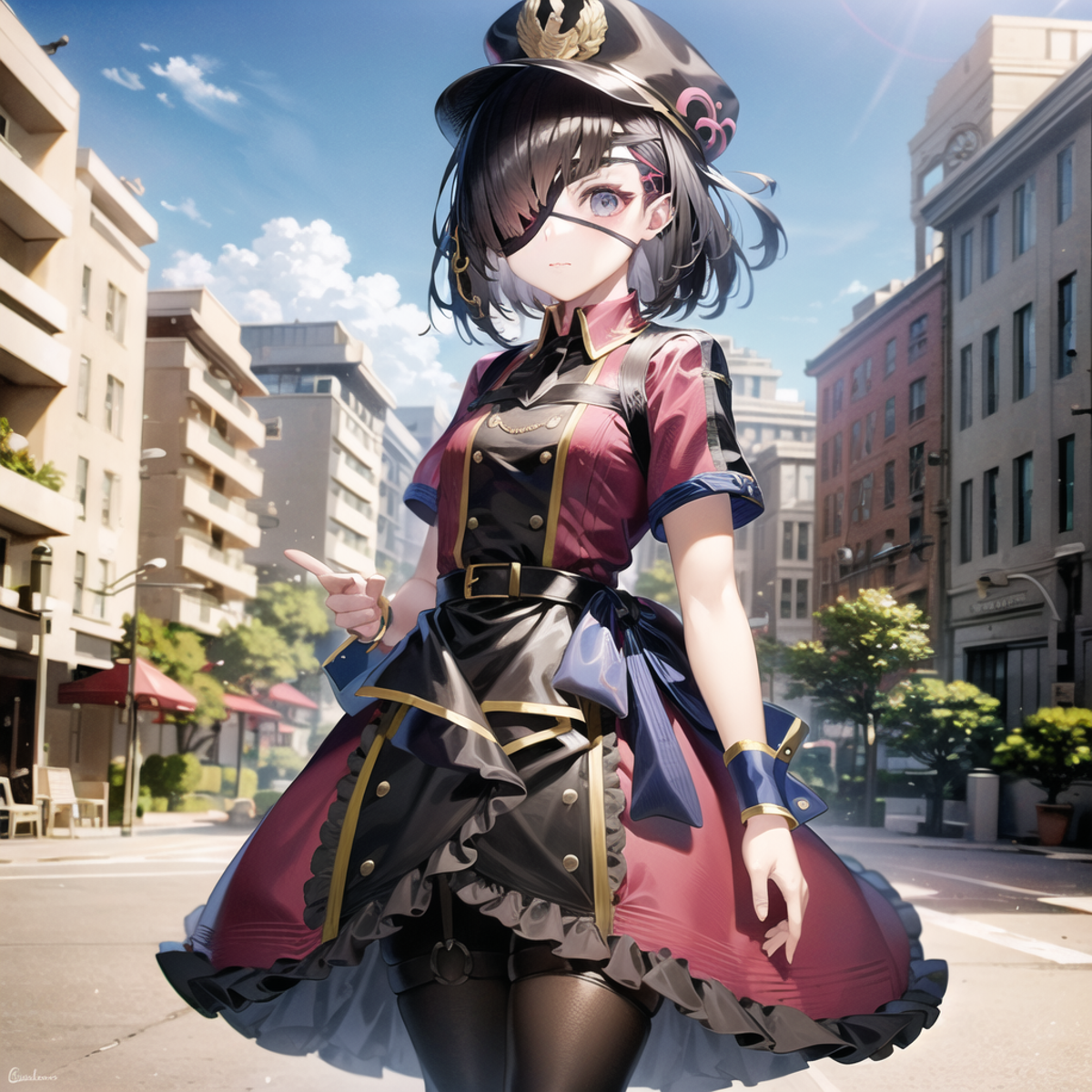 a anime character dressed standing,1girl, eyepatch, pantyhose, black hair, wrist cuffs, boots, .png